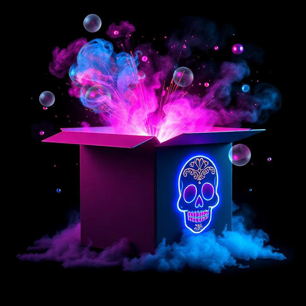 A cardboard box emitting neon pink and blue light, smoke and bubbles with a skull motif on one side